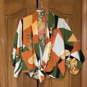 Love Bold Geo Tie-Front Blouse - Green/Orange/White